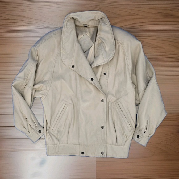 Vintage Jacqueline Ferrar Genuine Leather Bomber Jacket - Ivory/Cream - RN 11935